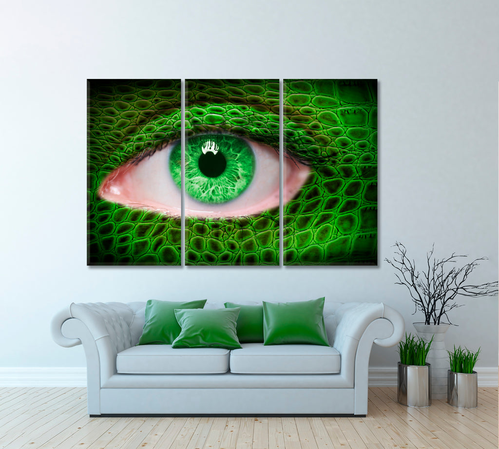 Green Human Eye with Lizard Skin Canvas Print ArtLexy 3 Panels 36"x24" inches 