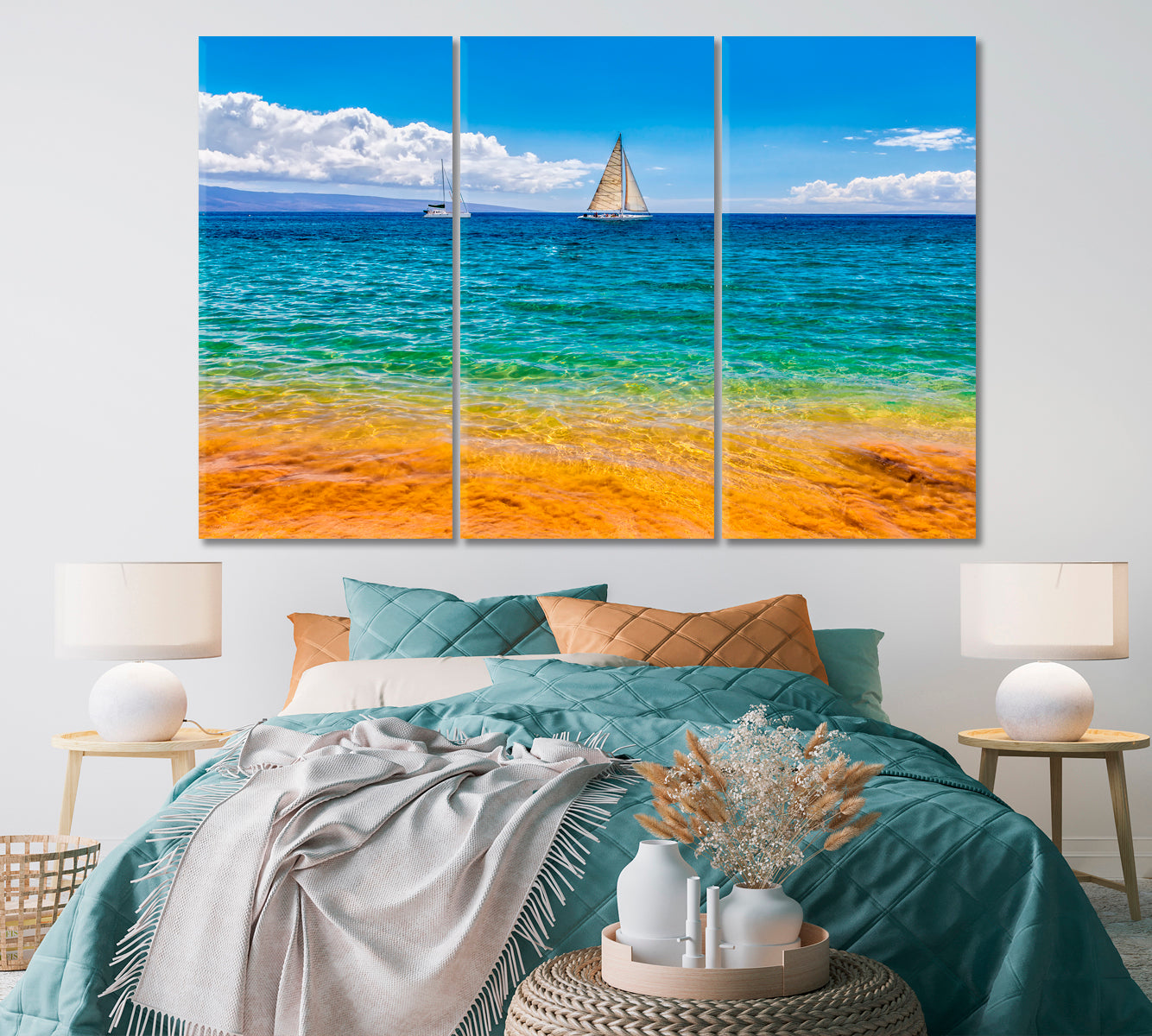 Beautiful Beach with Clear Water and Sailboats Canvas Print ArtLexy   