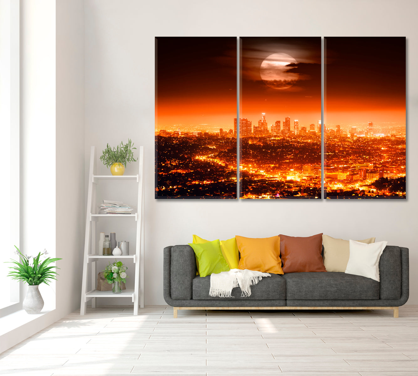 Los Angeles Skyline at Full Moon Canvas Print ArtLexy 3 Panels 36"x24" inches 