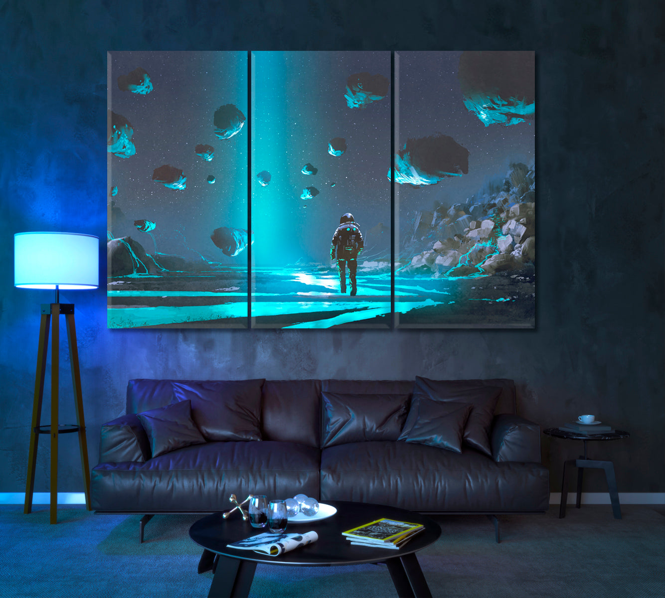 Astronaut on Alien Planet with Glowing Meteorites Canvas Print ArtLexy 3 Panels 36"x24" inches 