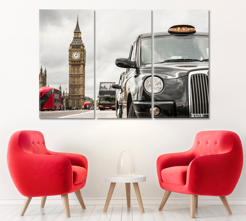 London Taxi and Big Ben Canvas Print ArtLexy 3 Panels 36"x24" inches 