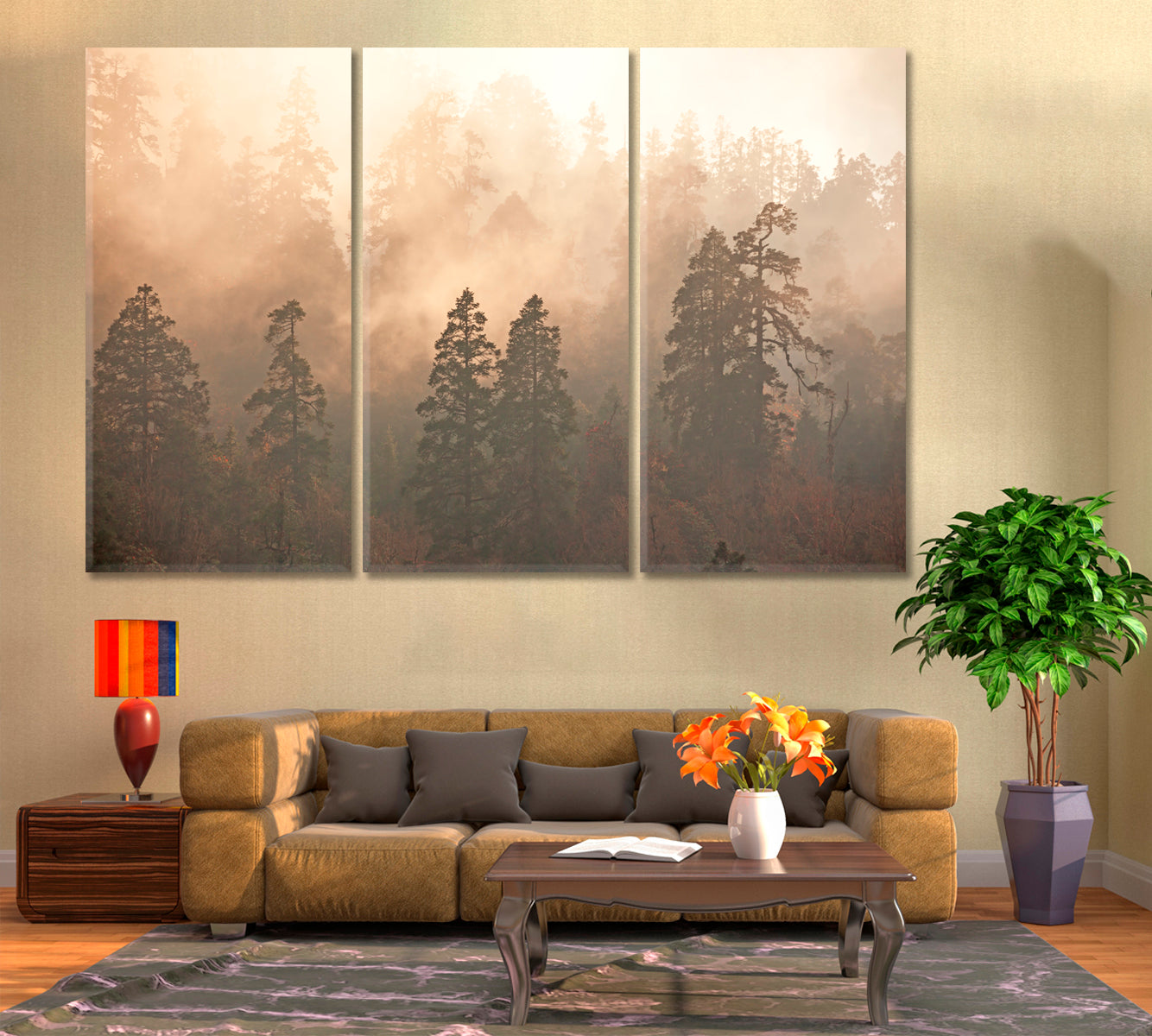 Himalayan Foggy Pine Forest Canvas Print ArtLexy 3 Panels 36"x24" inches 