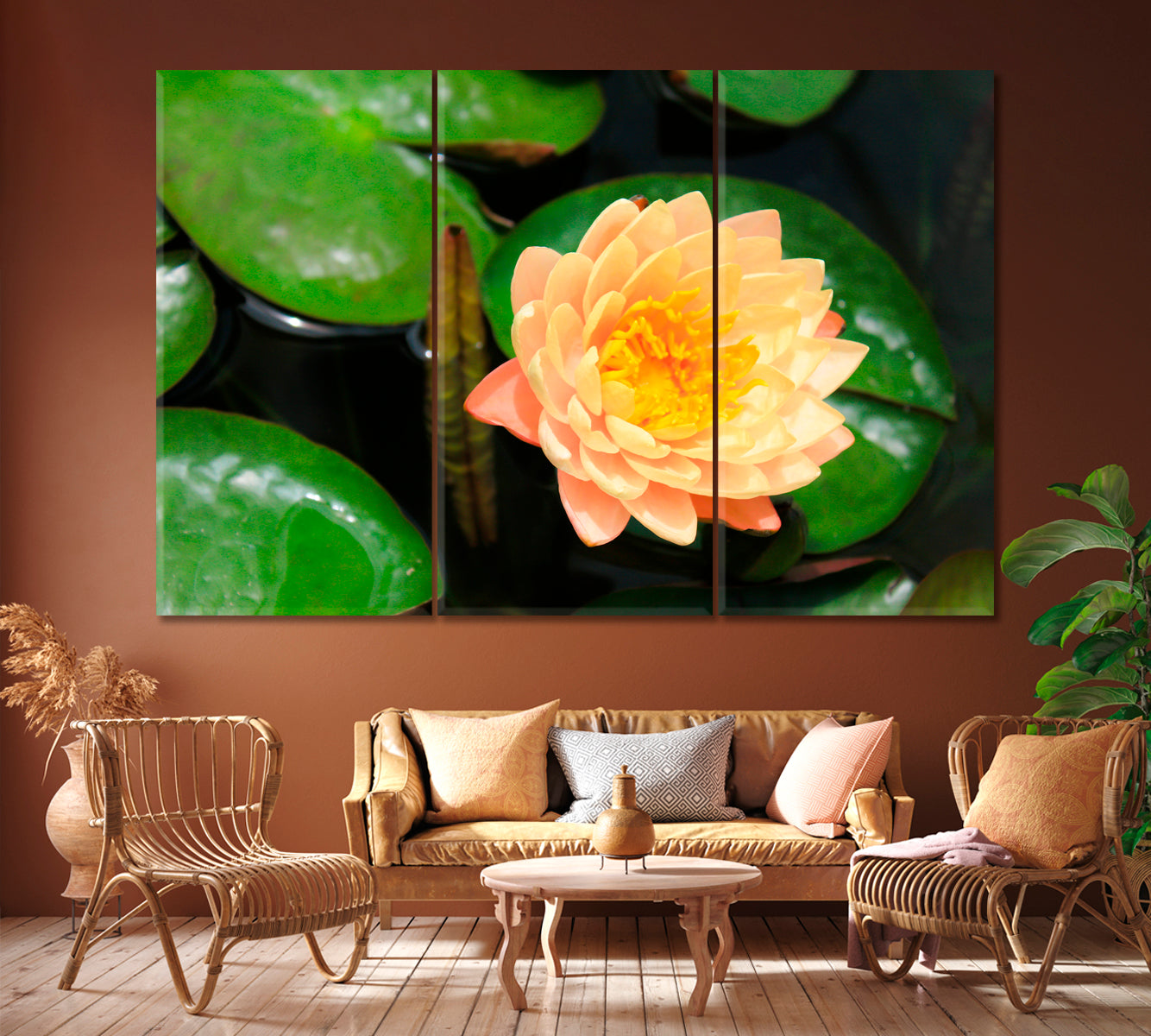 Orange Water Lily Canvas Print ArtLexy 3 Panels 36"x24" inches 