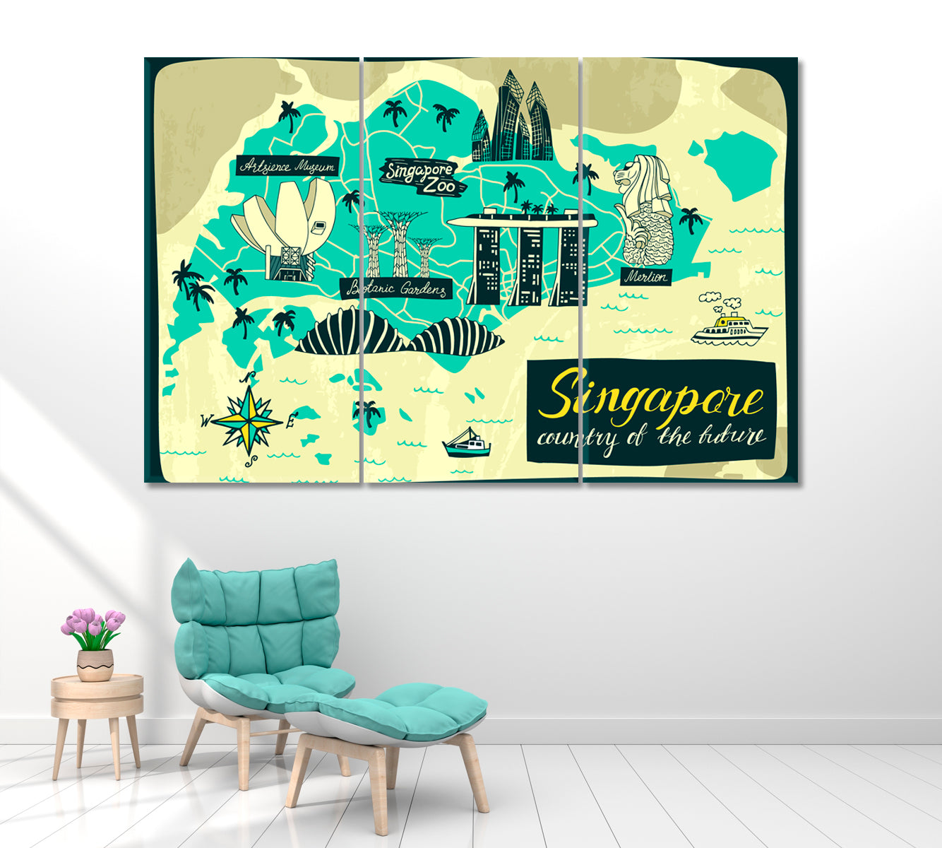 Map of Singapore with Attractions Canvas Print ArtLexy 3 Panels 36"x24" inches 