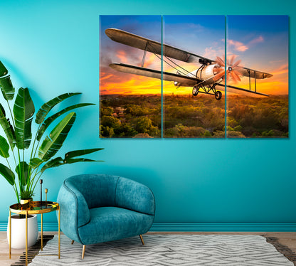 Biplane Flying Over Trees Canvas Print ArtLexy 3 Panels 36"x24" inches 