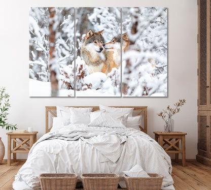 Two Wolves in Winter Forest Canvas Print ArtLexy 3 Panels 36"x24" inches 