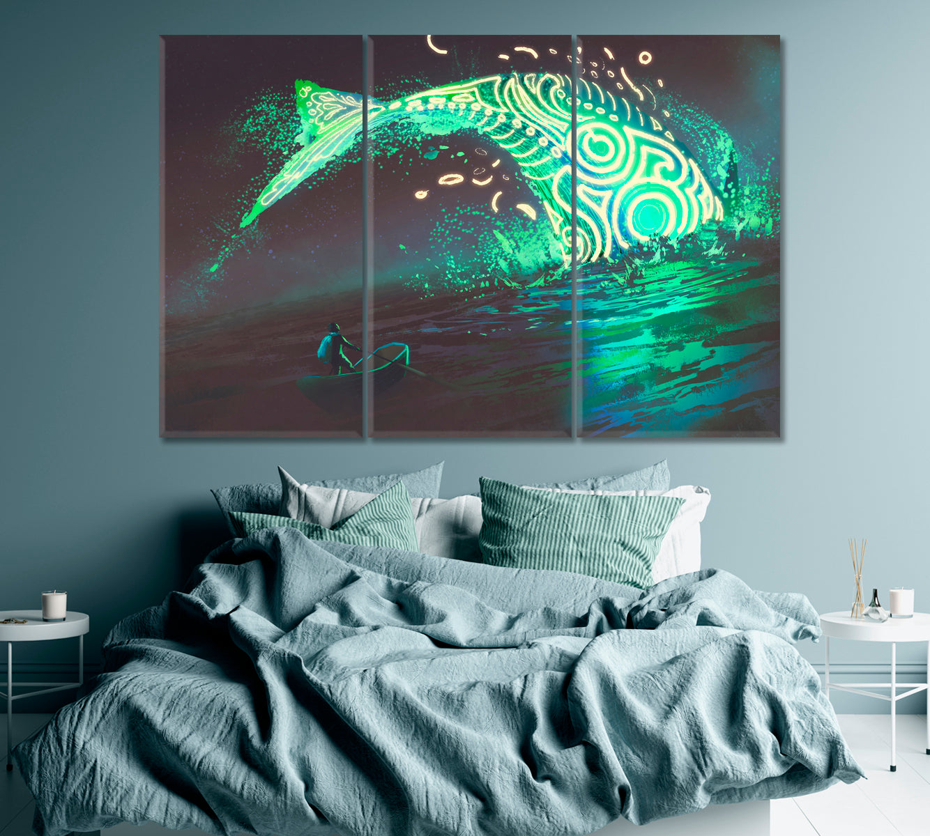 Man on Boat and Glowing Whale in Sea Canvas Print ArtLexy 3 Panels 36"x24" inches 