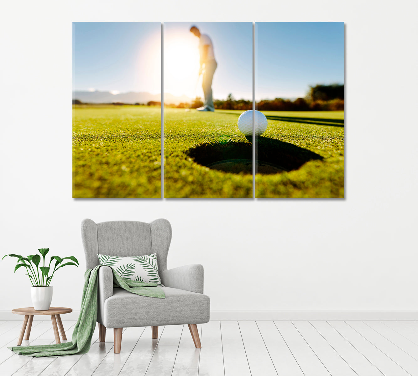 Golfer Putting Golf Ball Into Hole Canvas Print ArtLexy 3 Panels 36"x24" inches 