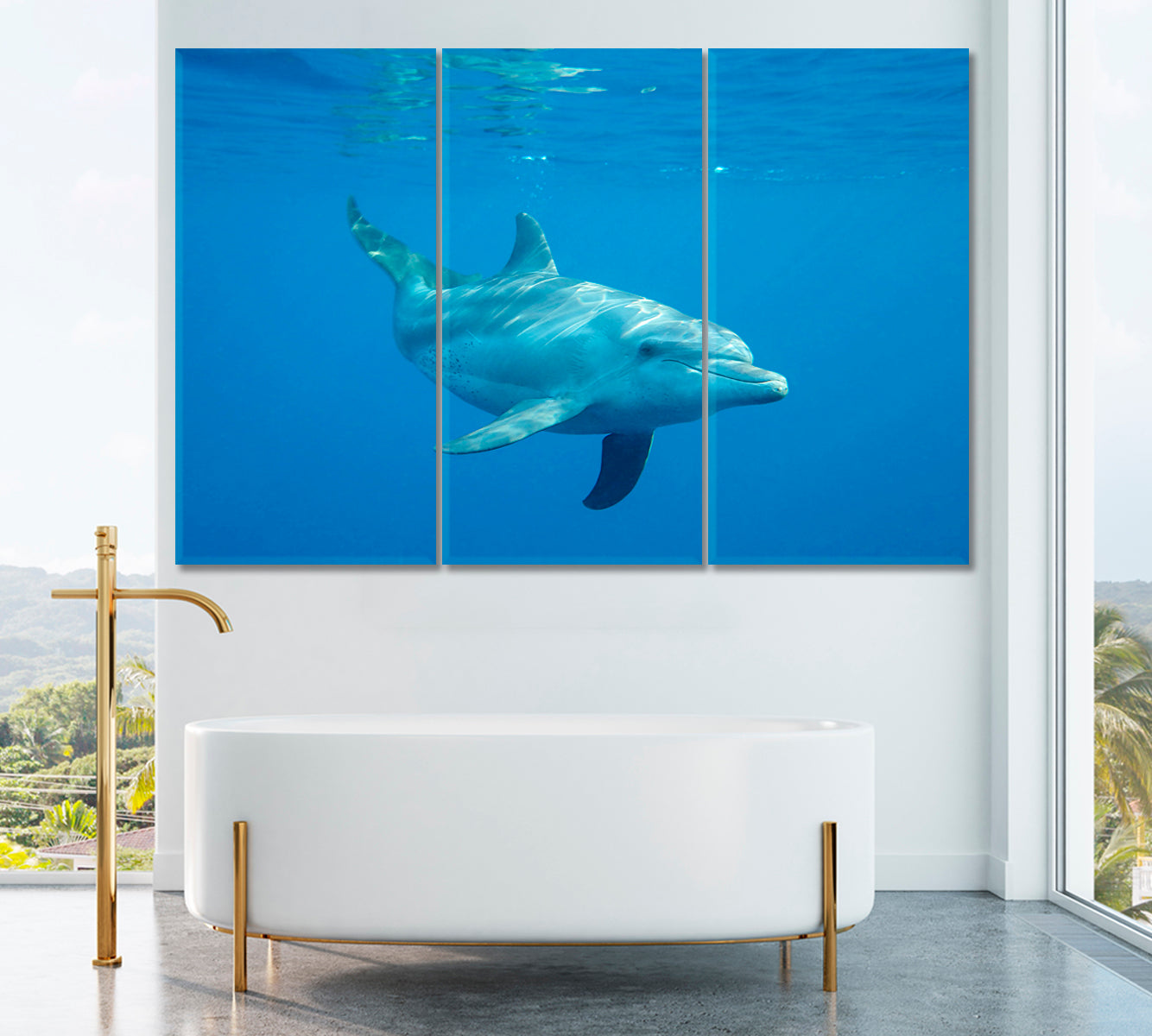 Dolphin Underwater in Ocean Canvas Print ArtLexy 3 Panels 36"x24" inches 