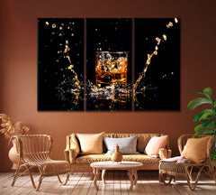 Glass of Whiskey with Splash Canvas Print ArtLexy 3 Panels 36"x24" inches 