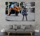 Fearless Girl Statue Facing Charging Bull Lower Manhattan NY Canvas Print ArtLexy 3 Panels 36"x24" inches 