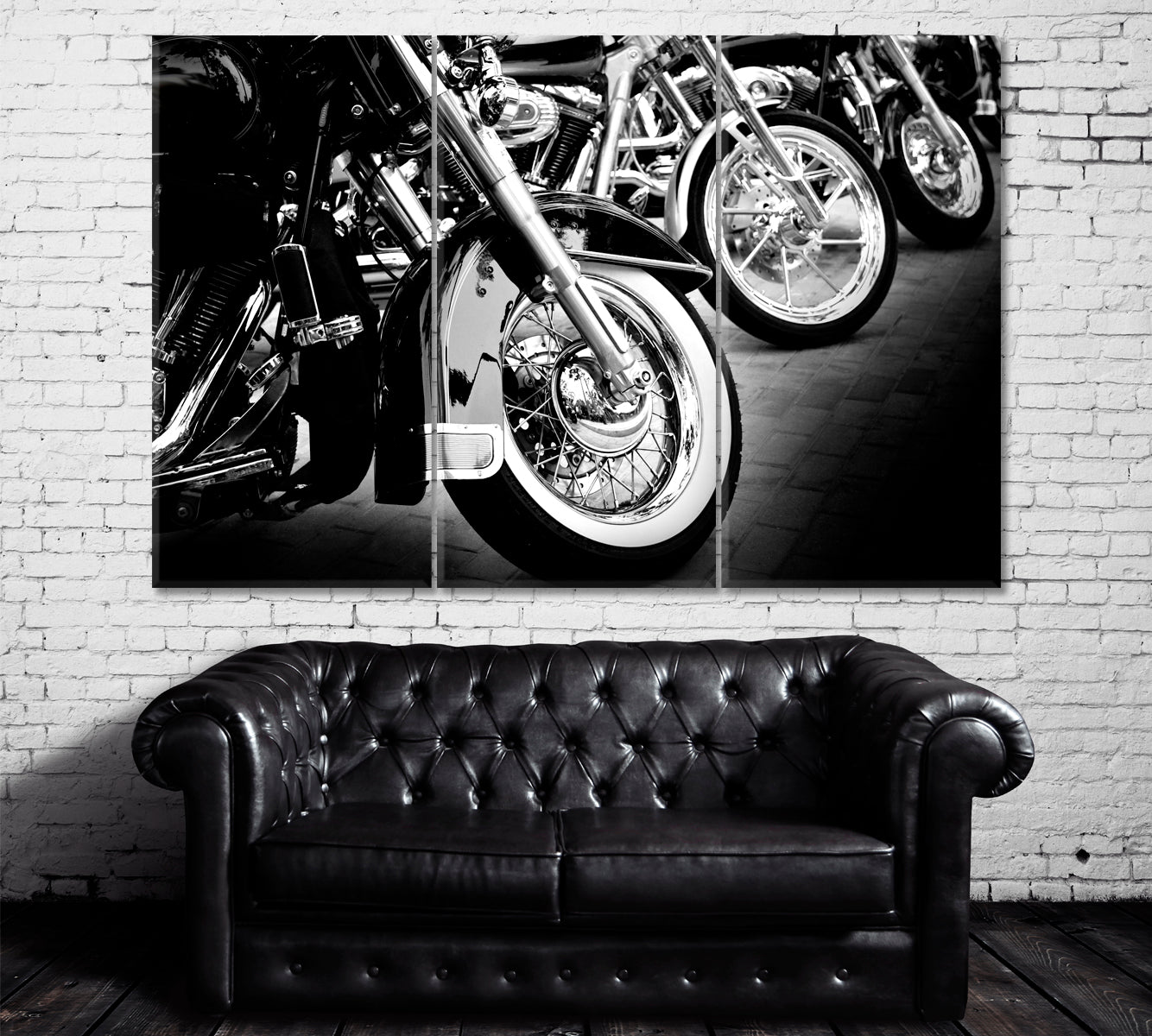 Motorbikes in Black and White Canvas Print ArtLexy 3 Panels 36"x24" inches 