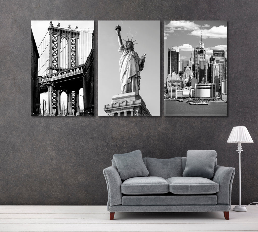 Set of 3 Manhattan Bridge & Midtown Manhattan ‎& Statue of Liberty Canvas Print ArtLexy 3 Panels 48”x24” inches 