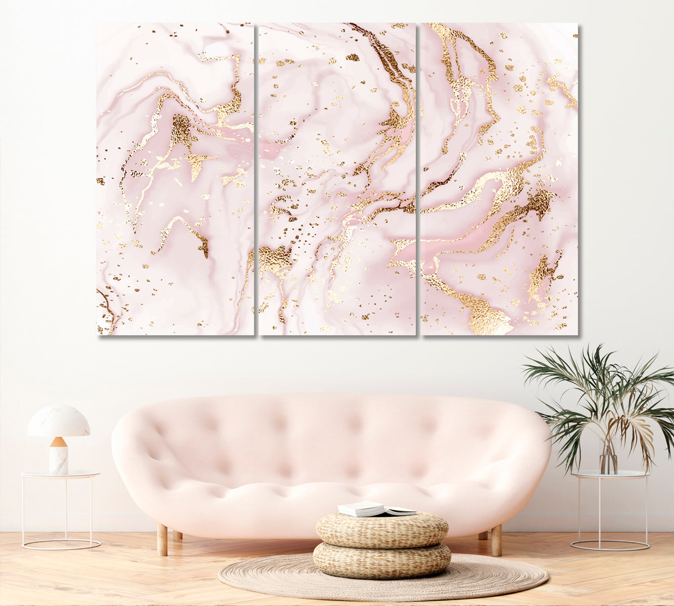 Abstract Pink Marble with Gold Veins Canvas Print ArtLexy 3 Panels 36"x24" inches 