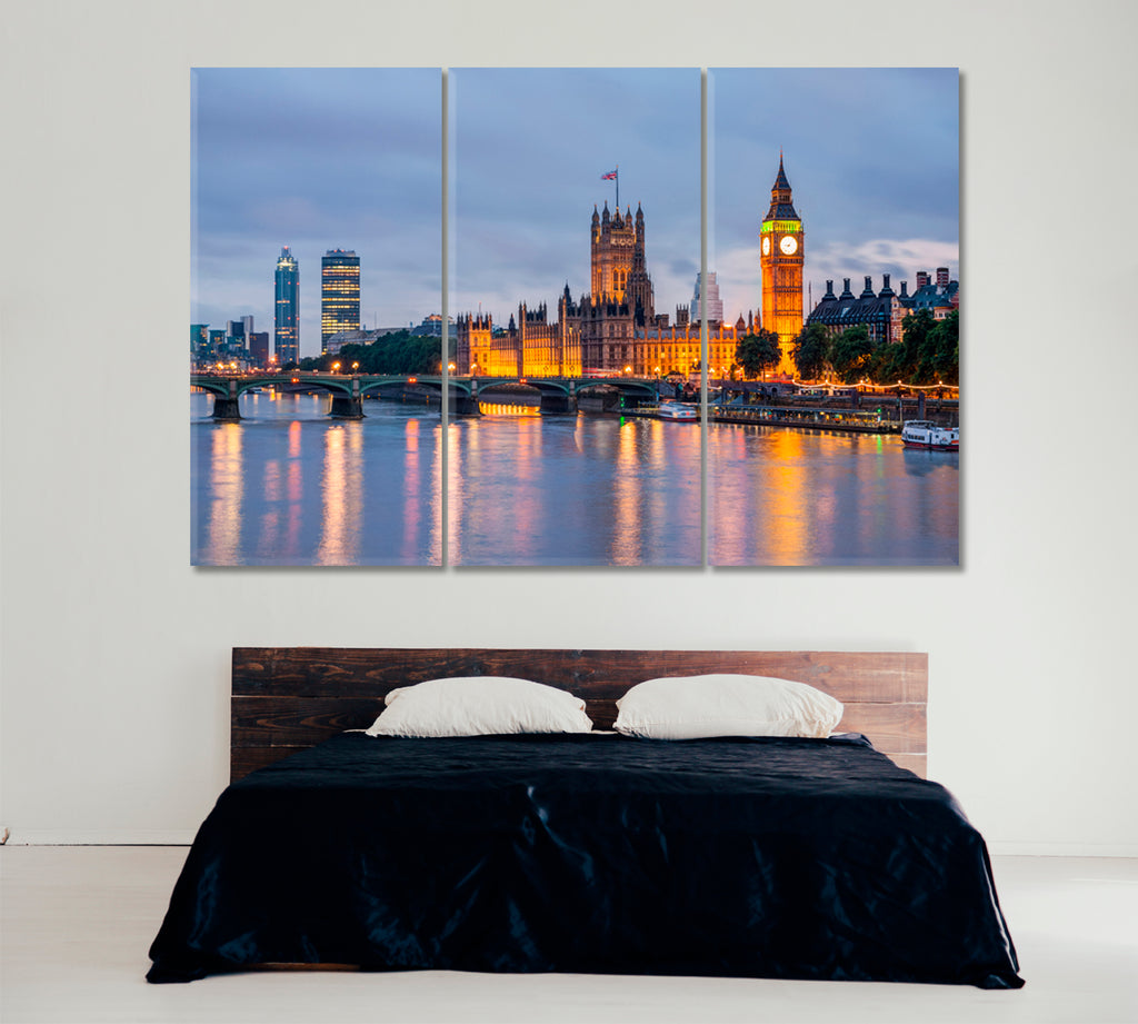 Big Ben and Westminster Bridge London Canvas Print ArtLexy 3 Panels 36"x24" inches 