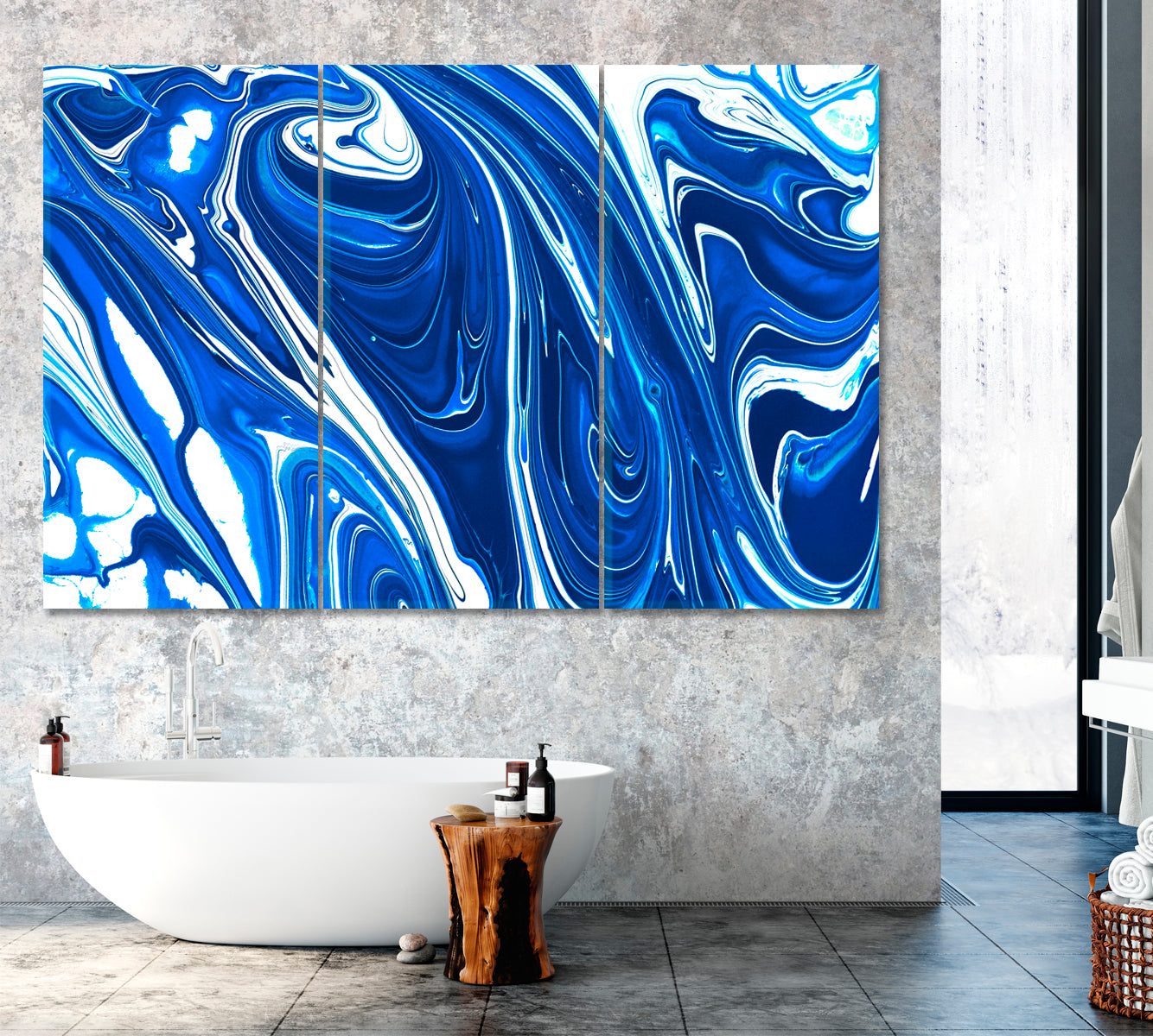 Blue White Marble Waves Canvas Print ArtLexy 3 Panels 36"x24" inches 