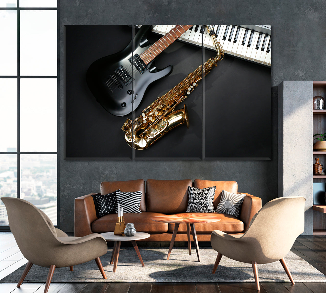 Saxophone and Electric Guitar Canvas Print ArtLexy 3 Panels 36"x24" inches 