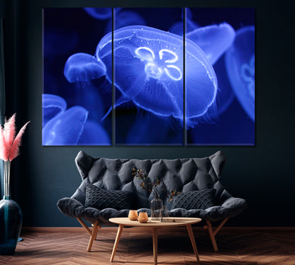 Jellyfish in Blue Water Canvas Print ArtLexy 3 Panels 36"x24" inches 