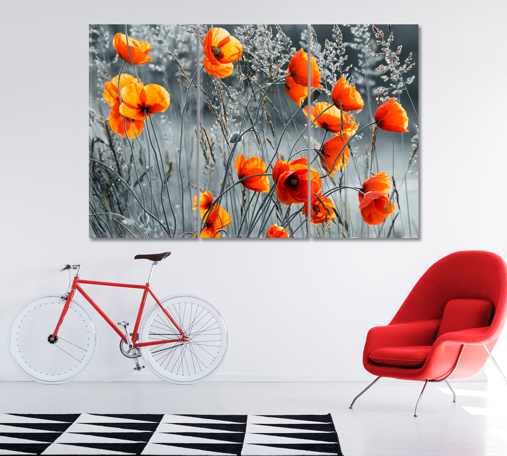 Red Poppy on Gray Field Canvas Print ArtLexy 3 Panels 36"x24" inches 