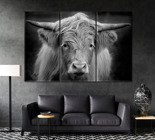 Highland Cow in Black and White Canvas Print ArtLexy 3 Panels 36"x24" inches 