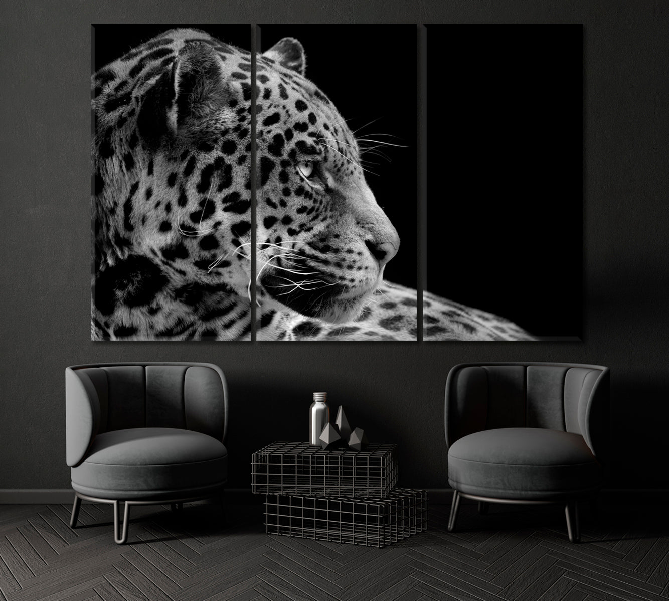 Jaguar in Black and White Canvas Print ArtLexy 3 Panels 36"x24" inches 