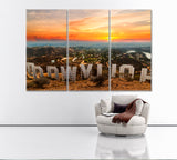 Colorful Sunset Over Hollywood Sign Canvas Print ArtLexy 3 Panels 36"x24" inches 