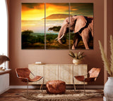 Elephant and Mount Kilimanjaro at Sunset Canvas Print ArtLexy 3 Panels 36"x24" inches 