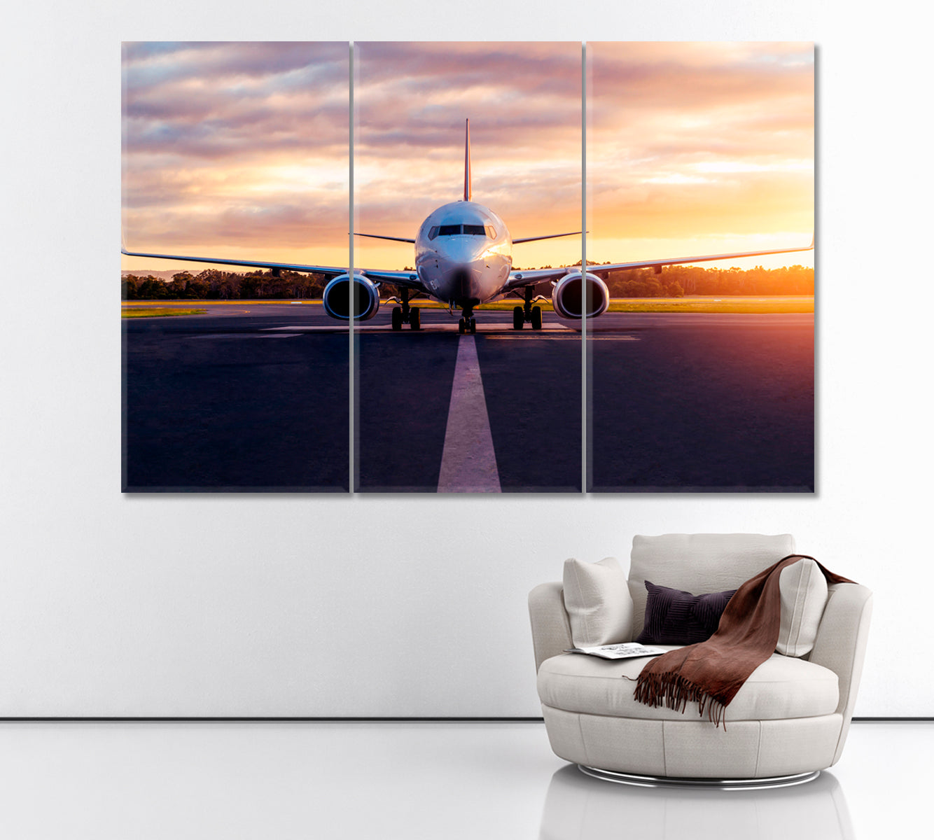 Airplane on Runway Canvas Print ArtLexy 3 Panels 36"x24" inches 