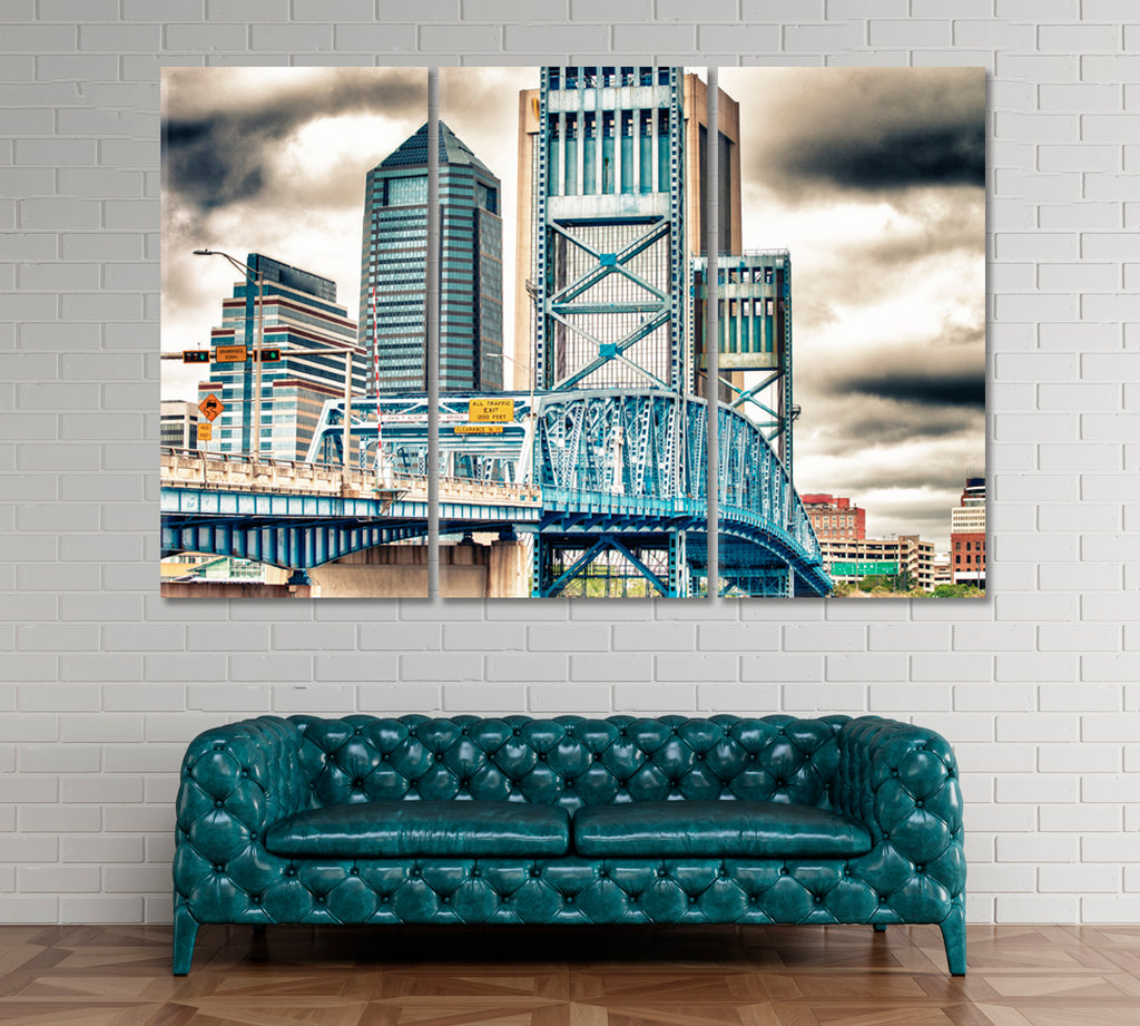 Jacksonville Skyline with Bridge on Cloudy Day Canvas Print ArtLexy 3 Panels 36"x24" inches 