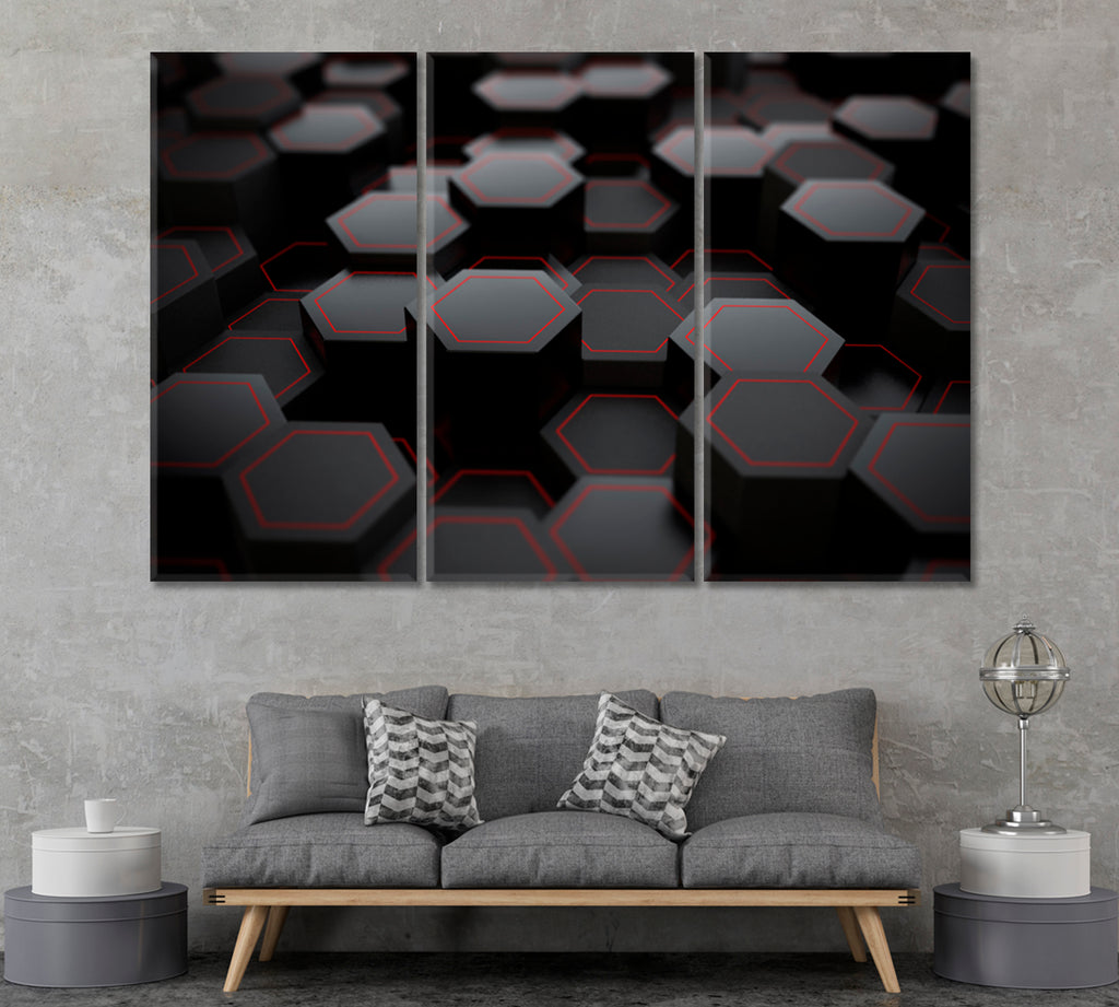 Abstract Black Hexagons Canvas Print ArtLexy 3 Panels 36"x24" inches 