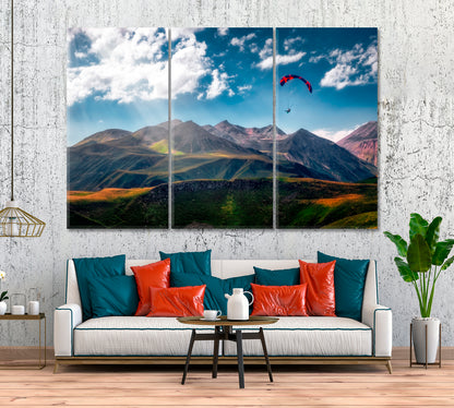 Paraglider over Georgia Mountains Canvas Print ArtLexy 3 Panels 36"x24" inches 