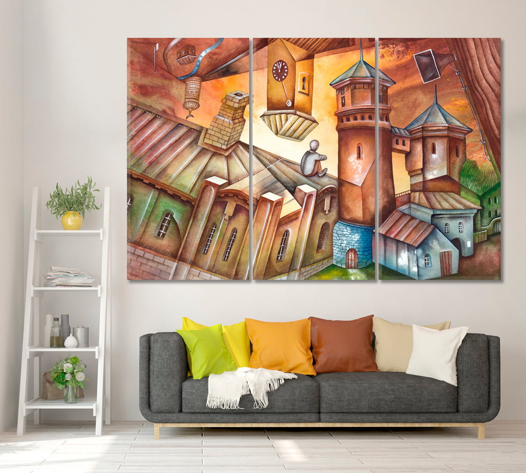 City Quarter in Cubism Style Canvas Print ArtLexy 3 Panels 36"x24" inches 