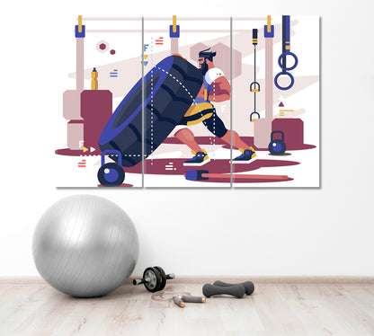 Sportsman on Training with Tire at Gym Canvas Print ArtLexy 3 Panels 36"x24" inches 