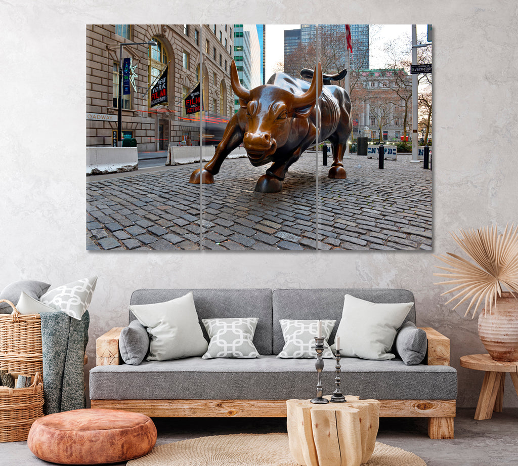 Charging Bull Wall Street Manhattan Canvas Print ArtLexy 3 Panels 36"x24" inches 