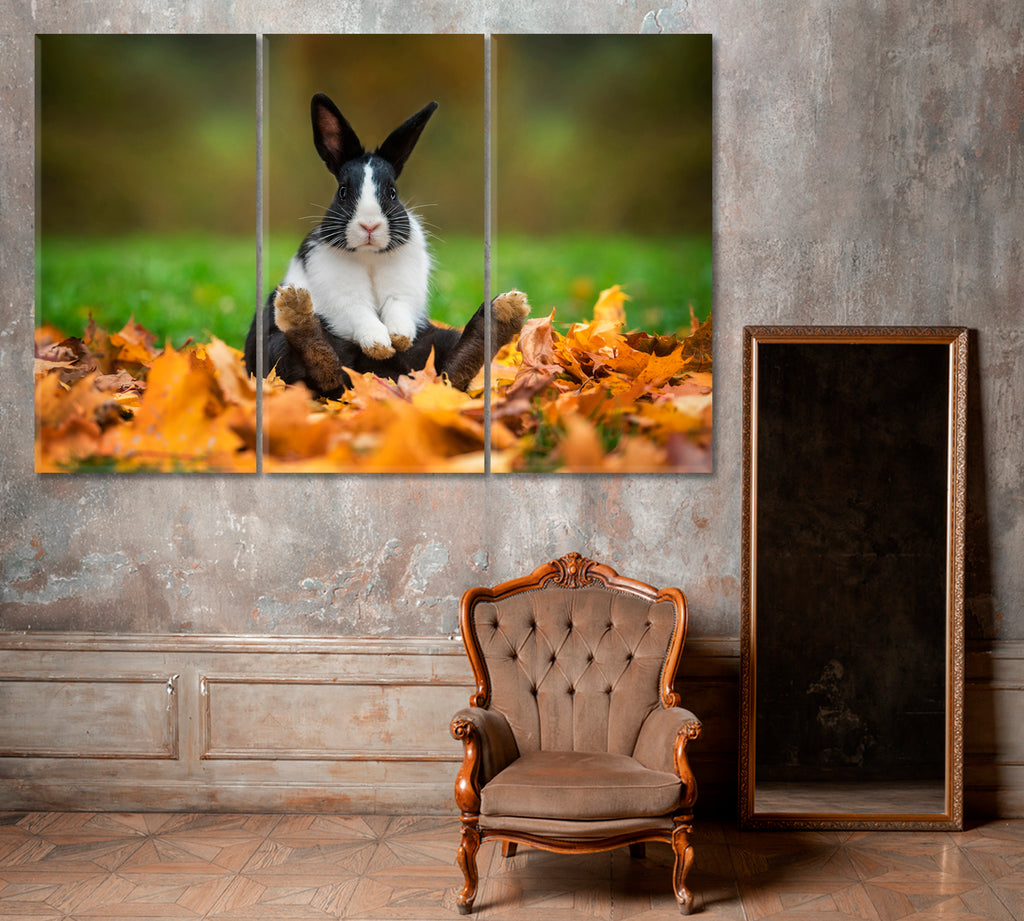 Rabbit Sitting in Autumn Leaves Canvas Print ArtLexy 3 Panels 36"x24" inches 