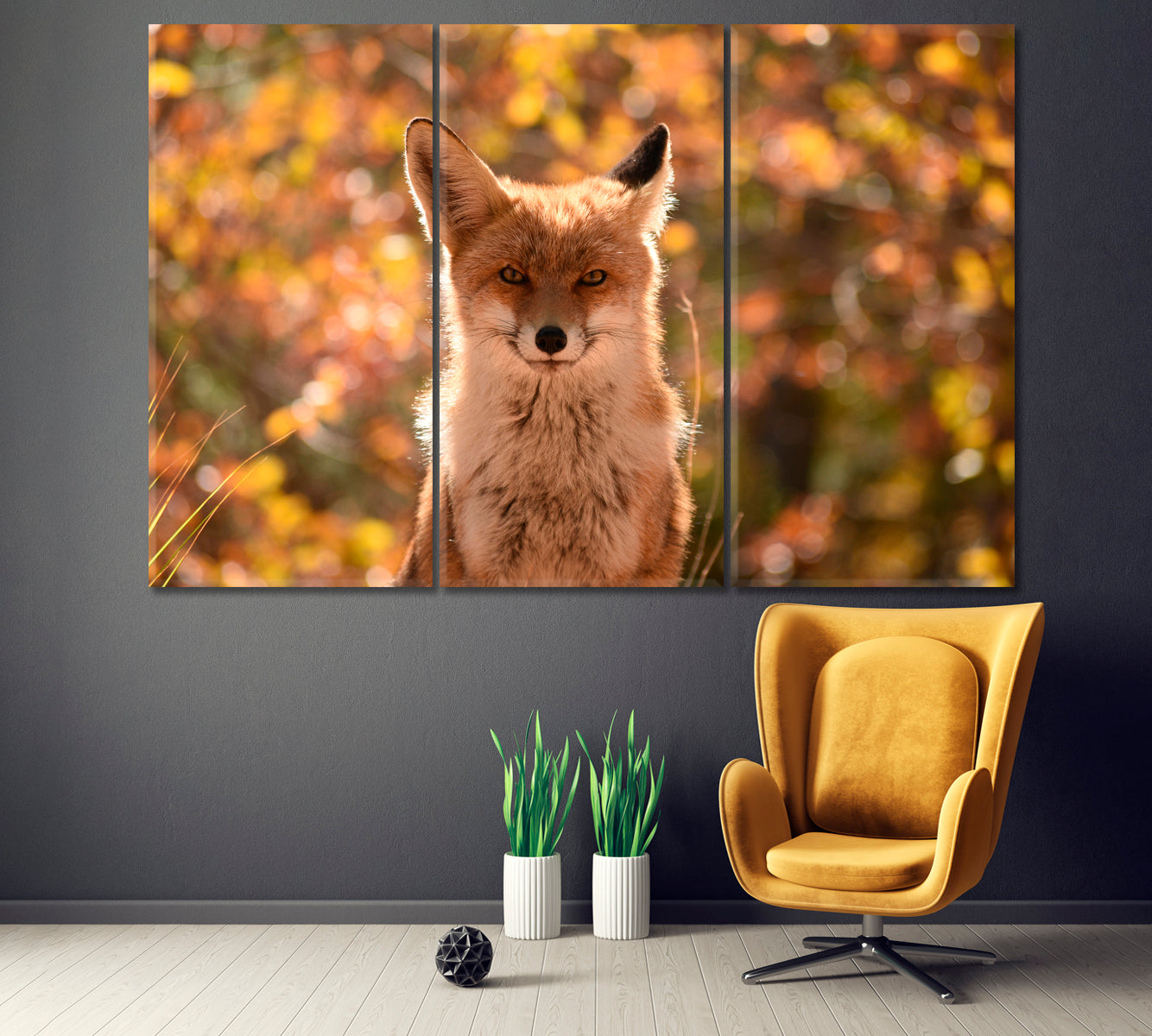 Cute Fox in Autumn Forest Canvas Print ArtLexy 3 Panels 36"x24" inches 