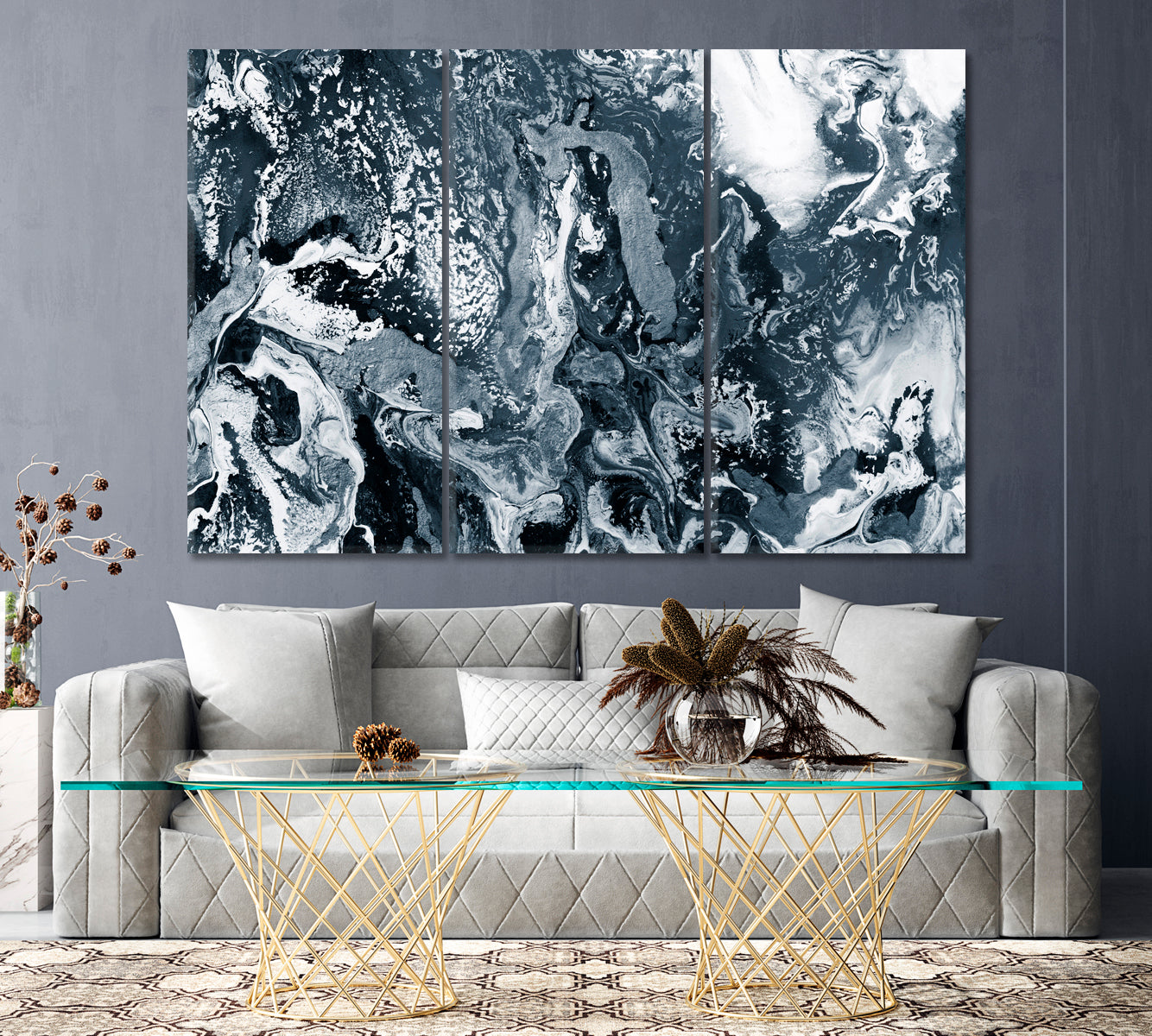 Abstract Grey Waves Canvas Print ArtLexy 3 Panels 36"x24" inches 