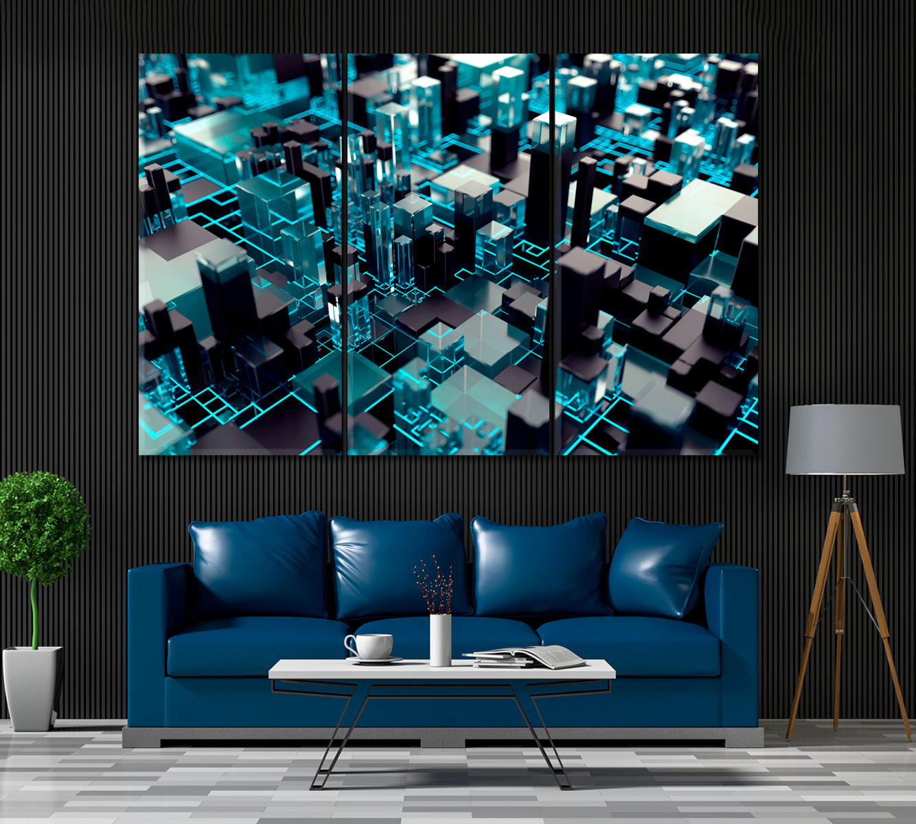 Abstract Blue Cubes Pattern Canvas Print ArtLexy 3 Panels 36"x24" inches 