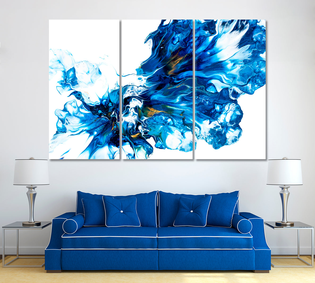 Abstract Blue Ink Splash Canvas Print ArtLexy 3 Panels 36"x24" inches 