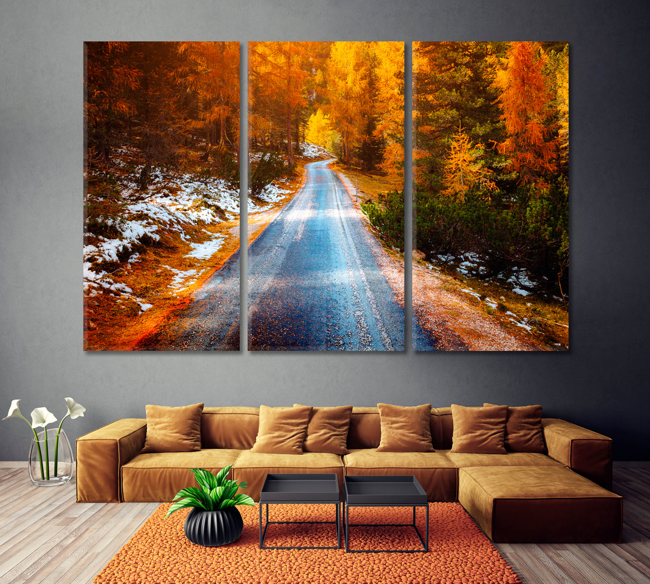 Road In Mountain Forest in Dolomites Alps Canvas Print ArtLexy 3 Panels 36"x24" inches 
