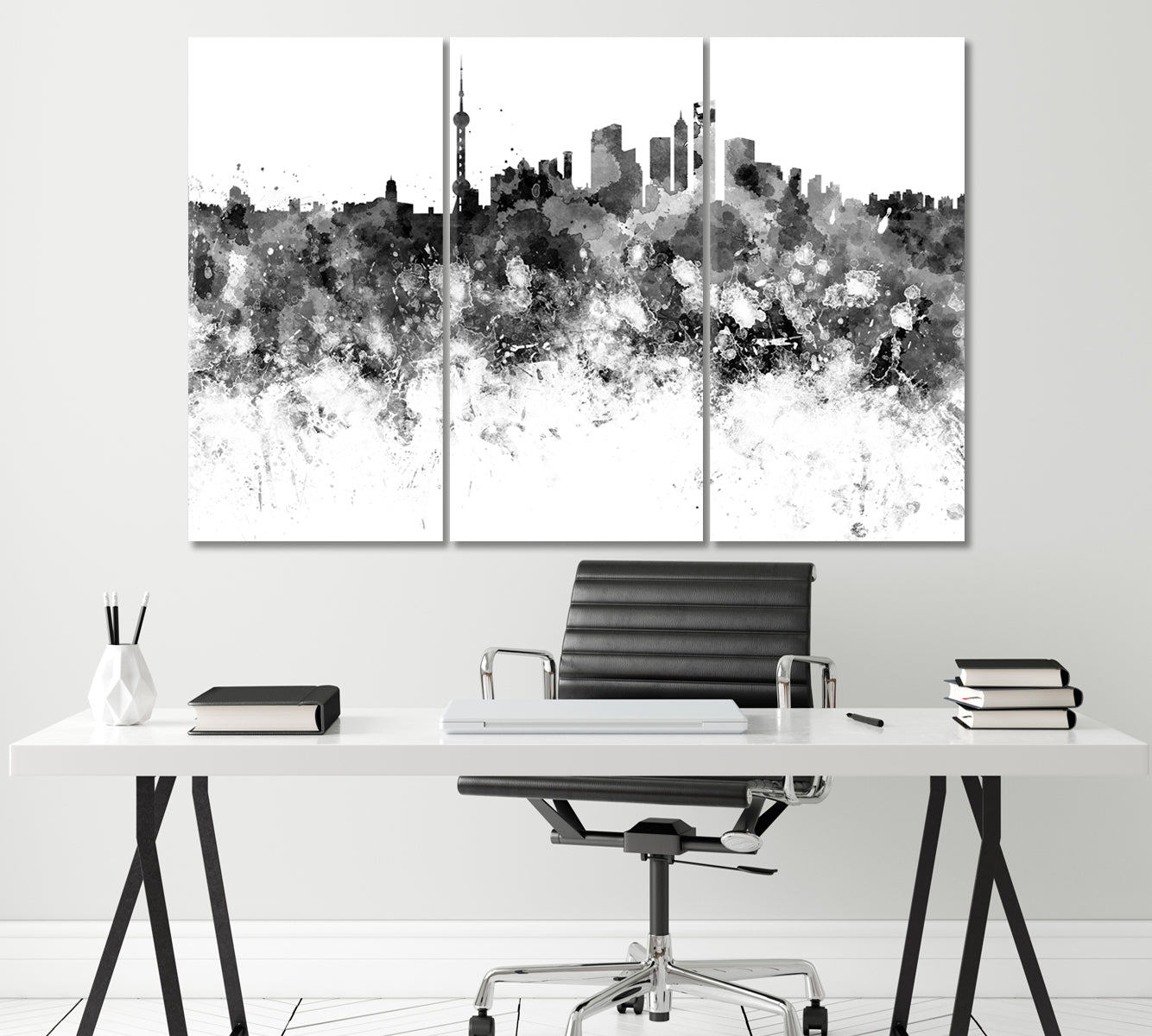 Abstract Black And White Shanghai Skyline Canvas Print ArtLexy 3 Panels 36"x24" inches 