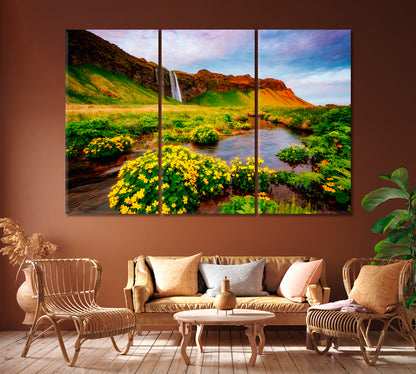 Blooming Green Field and Seljalandsfoss Waterfall Iceland Canvas Print ArtLexy 3 Panels 36"x24" inches 