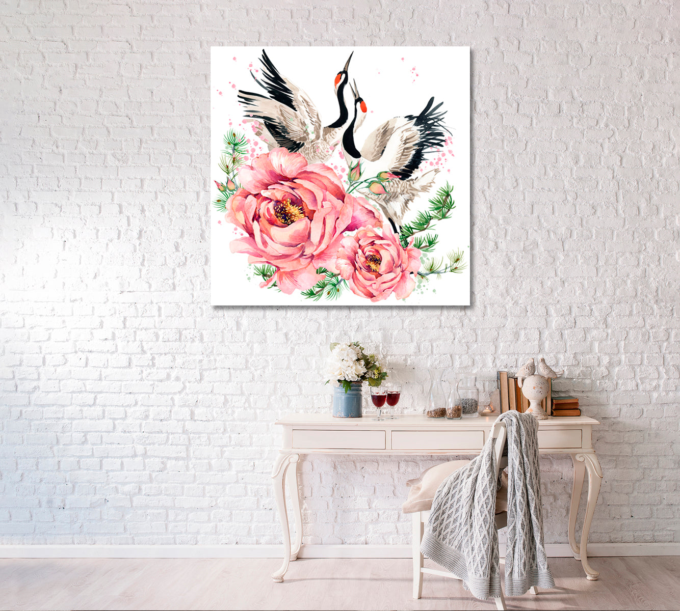 Red-Crowned Crane with Flowers Canvas Print ArtLexy   