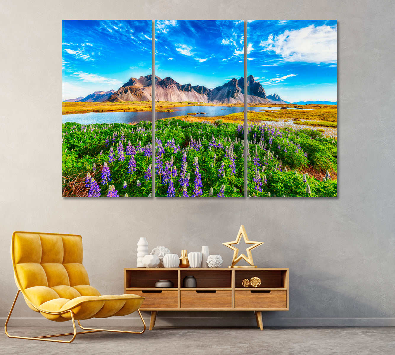 Lupine Flowers on Stokksnes Cape. Vestrahorn (Batman Mountain) Iceland Canvas Print ArtLexy 3 Panels 36"x24" inches 