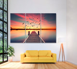 Wooden Pier on Pond at Sunset Canvas Print ArtLexy 3 Panels 36"x24" inches 