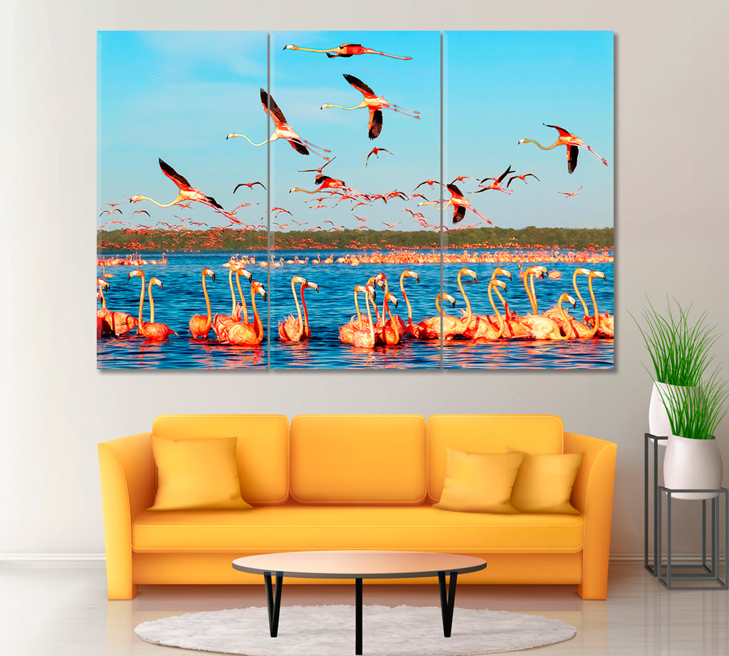 Flamingos in Celestun National Park Mexico Canvas Print ArtLexy 3 Panels 36"x24" inches 