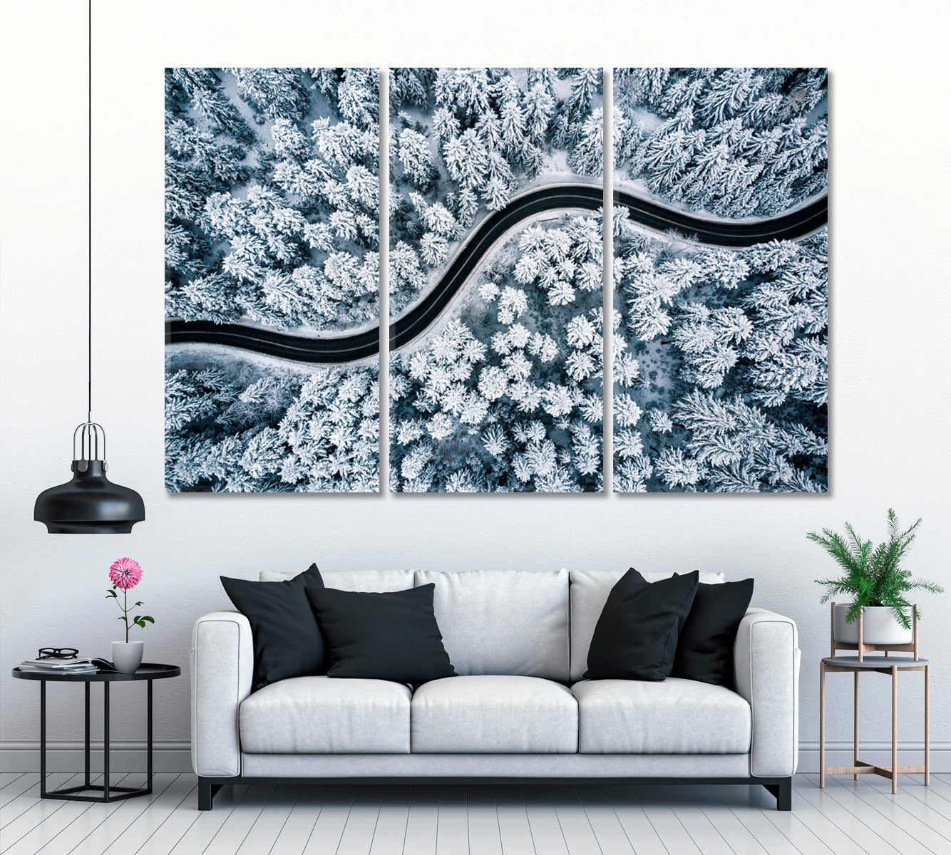 Curvy Road in Winter Forest Canvas Print ArtLexy 3 Panels 36"x24" inches 