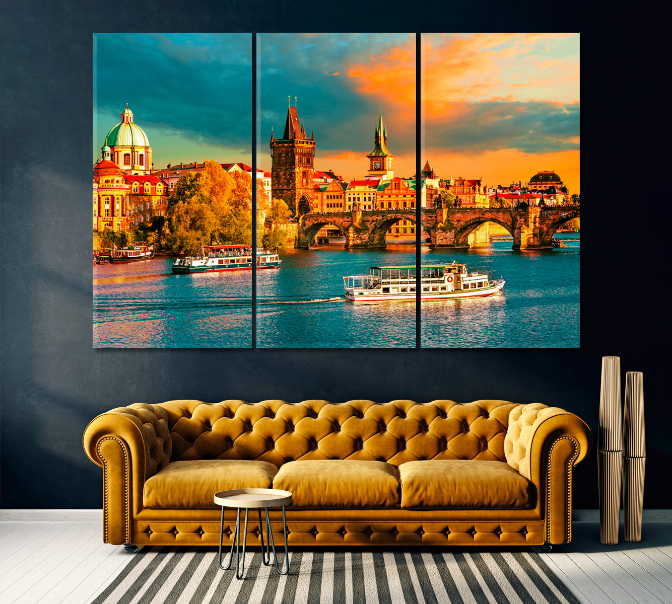 Prague and Vltava River Canvas Print ArtLexy 3 Panels 36"x24" inches 