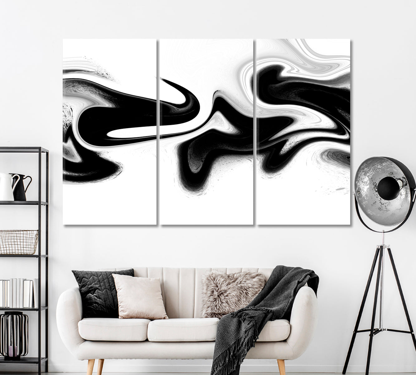 Abstract Black and White Swirls Canvas Print ArtLexy 3 Panels 36"x24" inches 