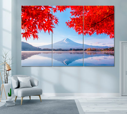 Lake Kawaguchi and Mount Fuji in Autumn Canvas Print ArtLexy 3 Panels 36"x24" inches 